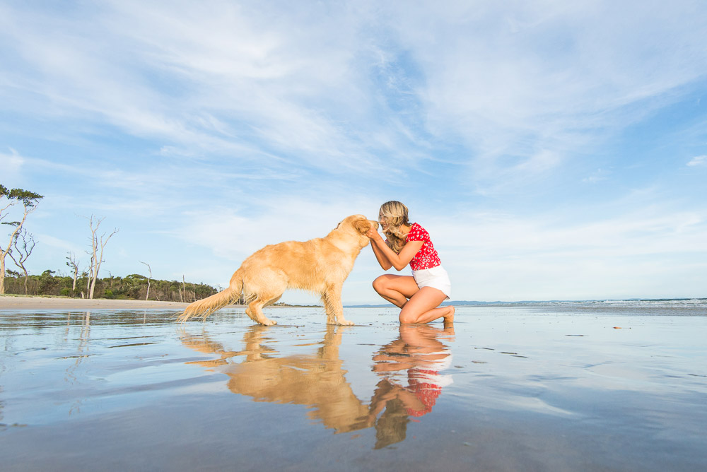 Girl and golden retriever on the beach at low tide